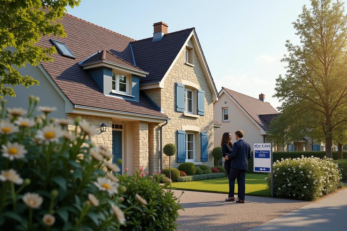 Agent immobilier parlant avec un couple devant une maison