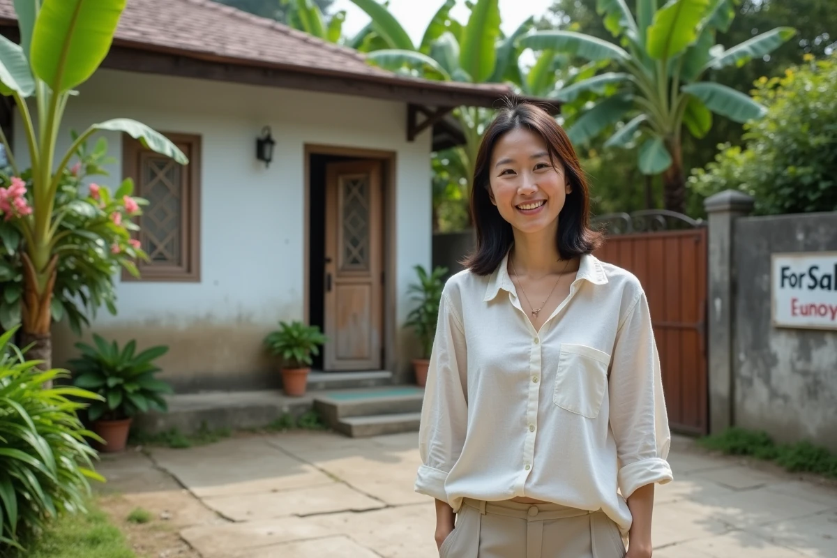 Femme devant une petite maison à vendre dans un quartier résidentiel abordable de Koh Samui entourée de végétation tropicale