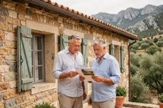 Couple examinant des documents immobiliers devant une maison en pierre traditionnelle en Corse du Sud