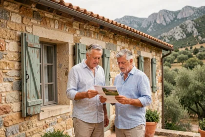 Couple examinant des documents immobiliers devant une maison en pierre traditionnelle en Corse du Sud