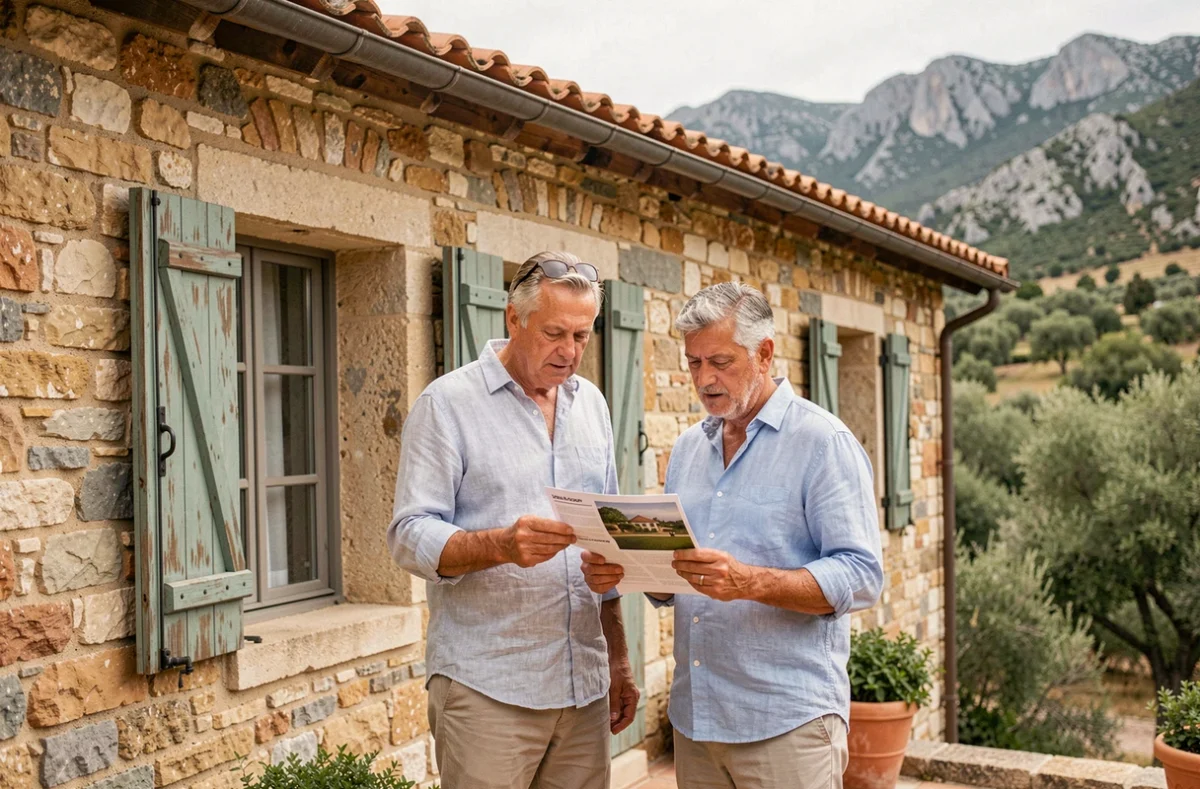 Couple examinant des documents immobiliers devant une maison en pierre traditionnelle en Corse du Sud
