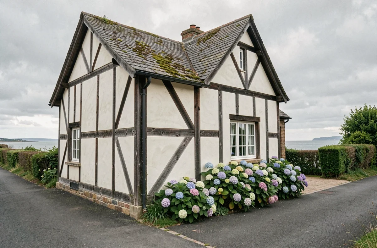 Maison normande à colombages traditionnelle avec vue sur la mer en Normandie, jardin fleuri et toiture en ardoise
