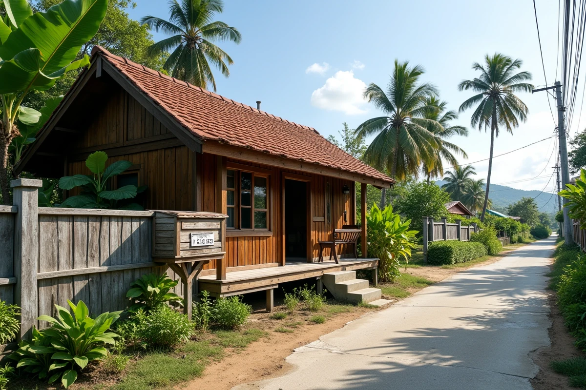 Maison traditionnelle thaïlandaise en bois à vendre dans une zone rurale abordable de Koh Samui avec jardinet tropical et rizières en arrière-plan