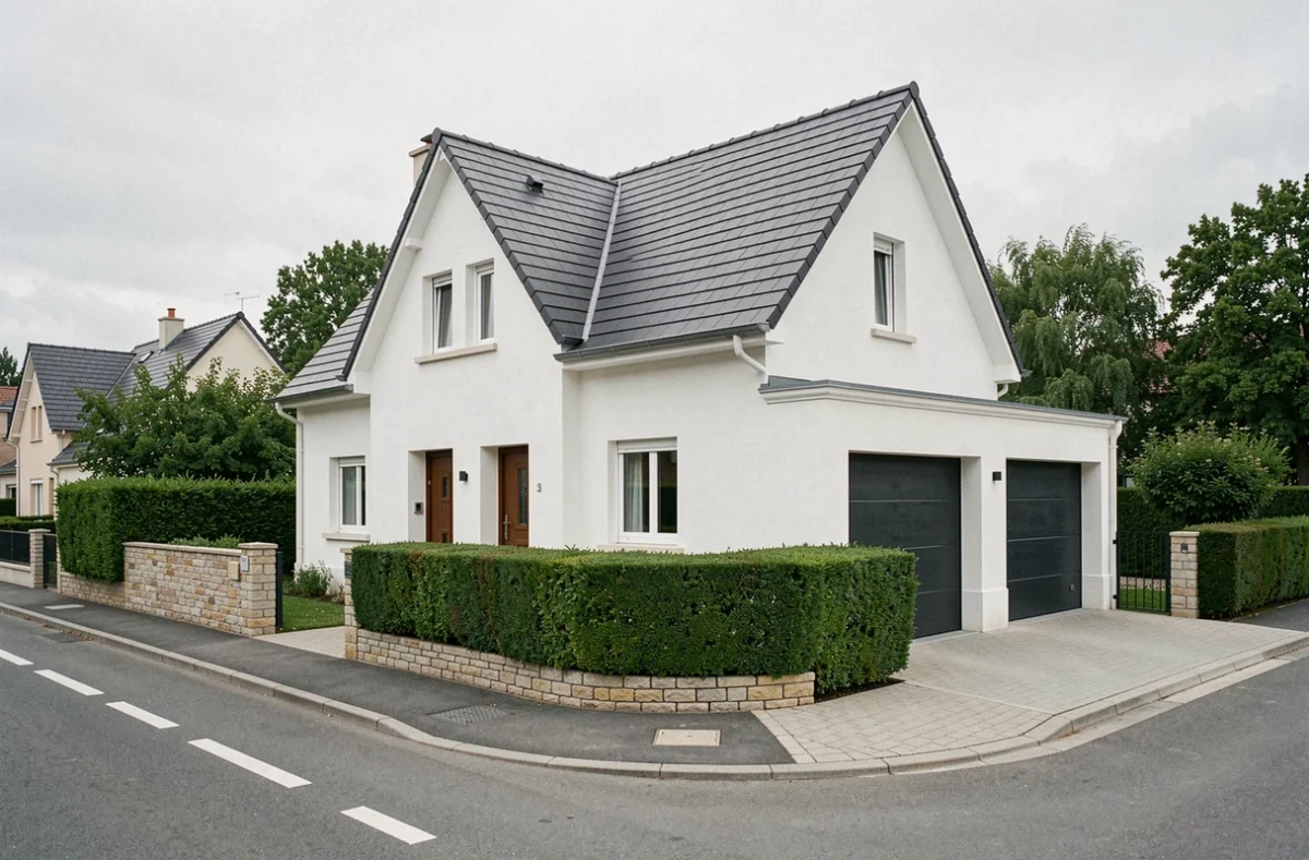 Maison individuelle blanche avec garage intégré et toiture anthracite réalisée par Maisons Balency dans les Yvelines