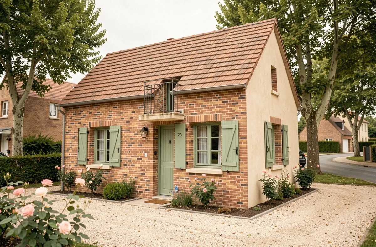 Maison individuelle en brique et enduit avec volets verts construite par Maisons Berval dans les Yvelines