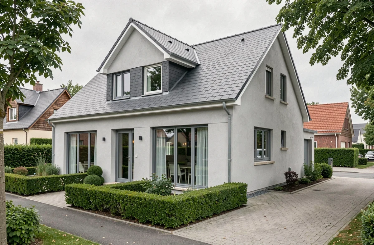 Maison individuelle moderne construite par Maisons Evolution dans les Yvelines avec façade grise et grands fenêtres
