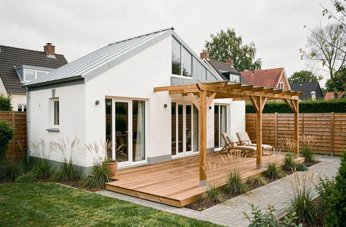 Maison contemporaine avec terrasse en bois réalisée par Maisons France Confort dans les Yvelines