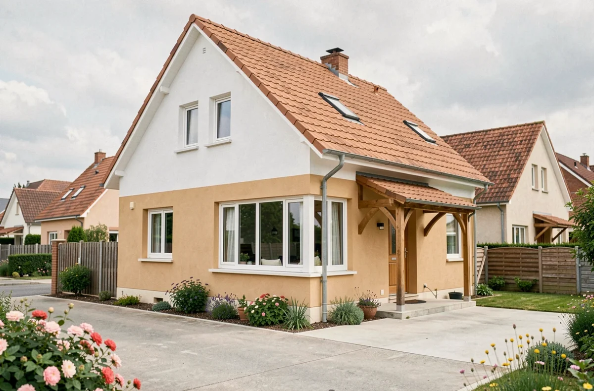Maison individuelle bicolore avec baie vitrée et toiture en tuiles romaines construite par Maisons Sésame dans les Yvelines