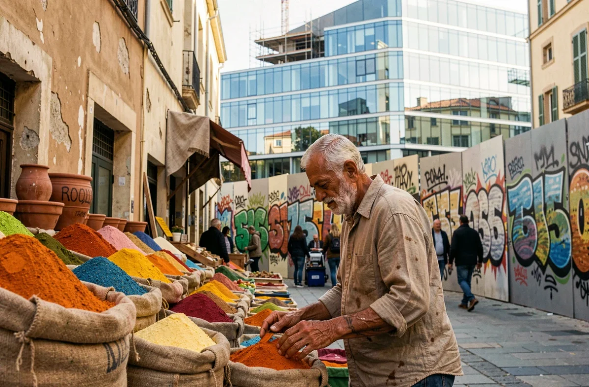 Vendeur de marché traditionnel marseillais face aux nouvelles constructions modernes du quartier en mutation