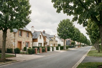 Vue d'ensemble d'une rue résidentielle des Yvelines avec plusieurs maisons individuelles neuves de styles variés