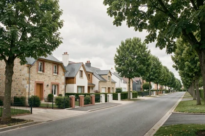Vue d'ensemble d'une rue résidentielle des Yvelines avec plusieurs maisons individuelles neuves de styles variés