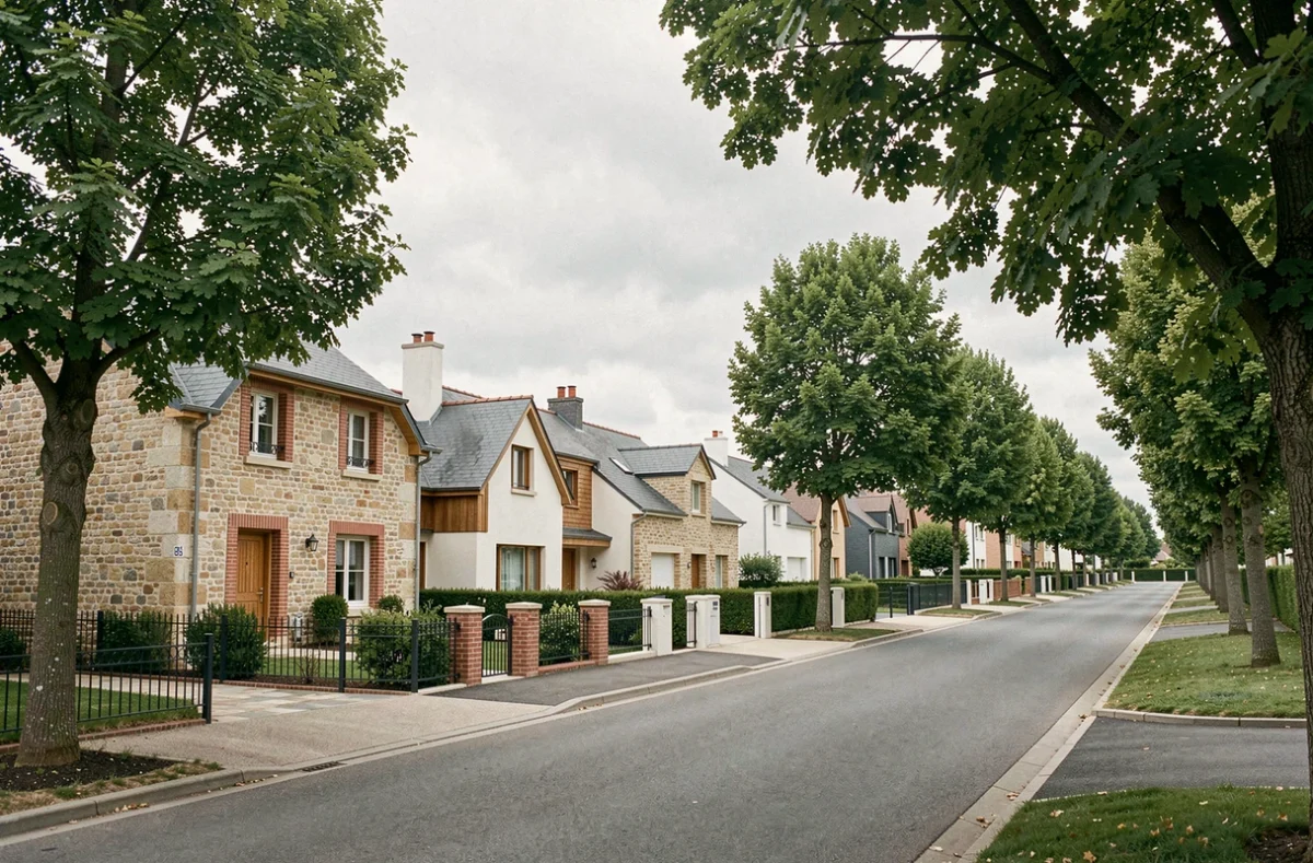 Vue d'ensemble d'une rue résidentielle des Yvelines avec plusieurs maisons individuelles neuves de styles variés