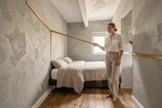 Femme mesurant la superficie d'une petite chambre en studio urbain avec un mètre ruban, illustrant la loi Carrez