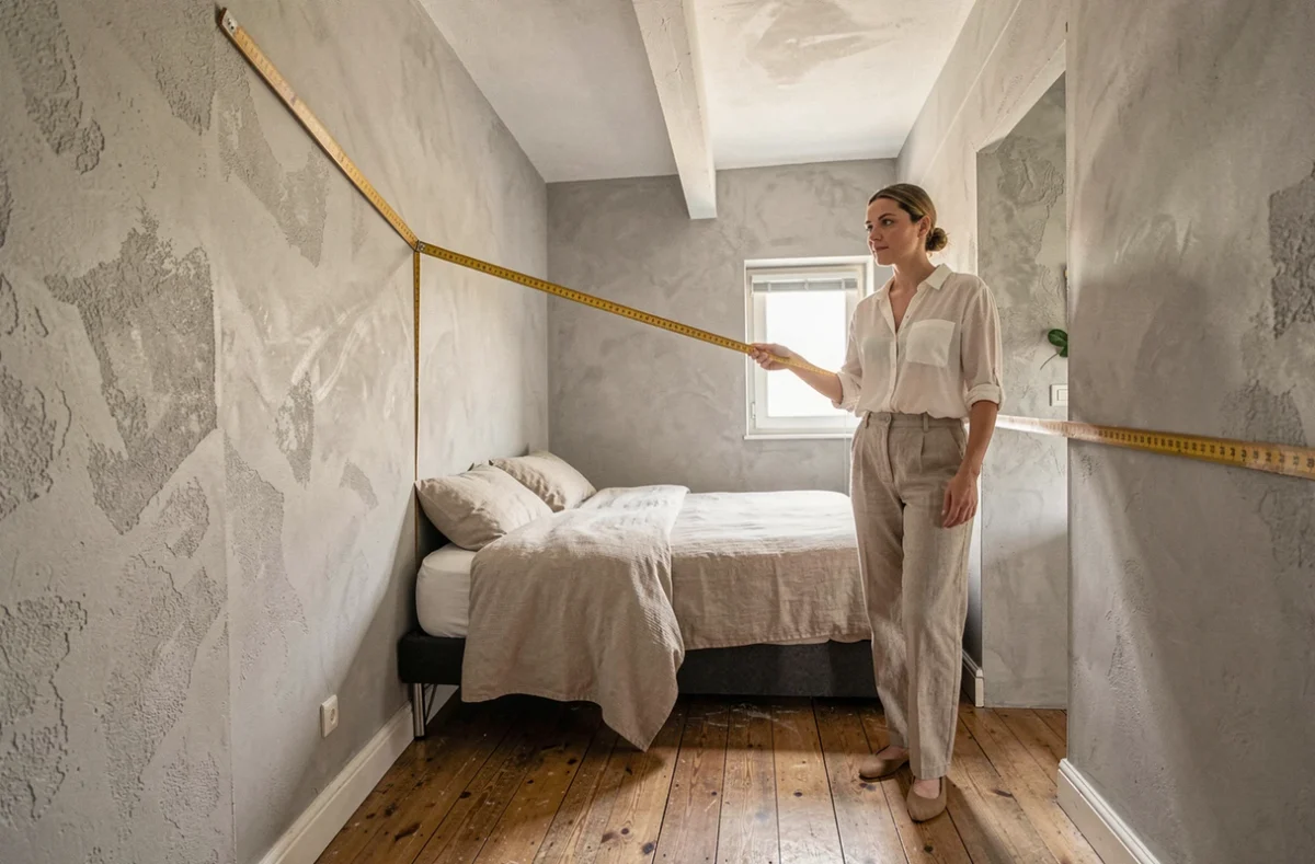 Femme mesurant la superficie d'une petite chambre en studio urbain avec un mètre ruban, illustrant la loi Carrez