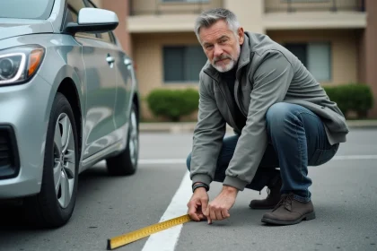 Homme mesurant la largeur d'une place de parking résidentielle avec un mètre ruban jaune sur asphalte