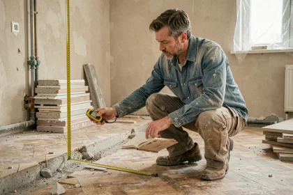 Homme mesurant une pièce en rénovation avec un mètre ruban dans un appartement en travaux, carnets de métrés à la main