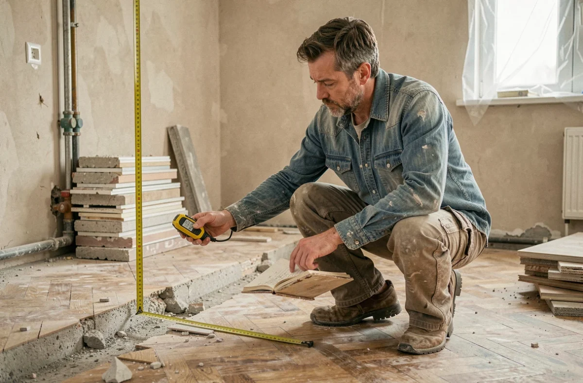 Homme mesurant une pièce en rénovation avec un mètre ruban dans un appartement en travaux, carnets de métrés à la main