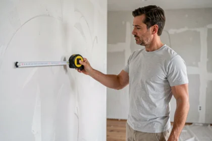 Homme mesurant la superficie d'un mur intérieur avec un mètre ruban lors de travaux de rénovation