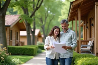 Couple en train de négocier l'achat d'un chalet dans un parc résidentiel de loisirs, documents en main devant la façade en bois