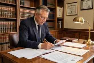 Notaire français en costume marine examinant des actes de vente immobilière dans un bureau traditionnel avec bibliothèque juridique
