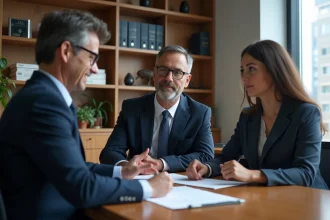 Notaire expliquant des documents à un couple dans un bureau moderne