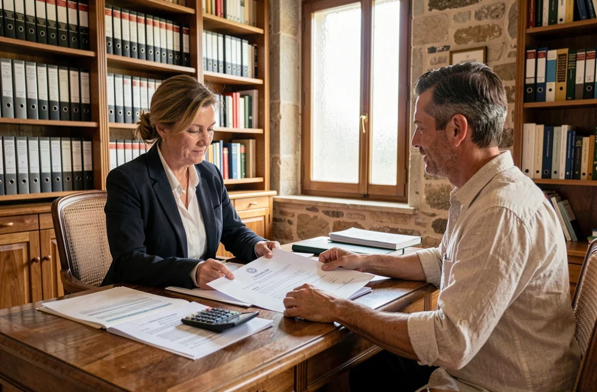 Notaire et acheteur consultant un acte de vente immobilier dans un bureau en Corse du Sud