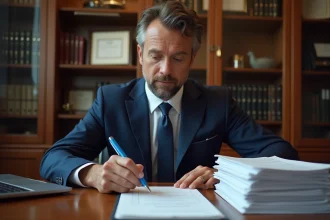 Notaire en costume vérifiant des documents officiels