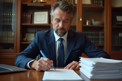 Notaire en costume vérifiant des documents officiels