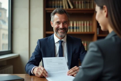 Notaire souriant présentant un document financier à une cliente
