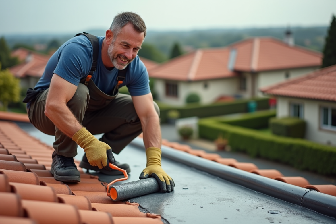 Homme couvreur appliquant un produit d'étanchéité sur un toit résidentiel