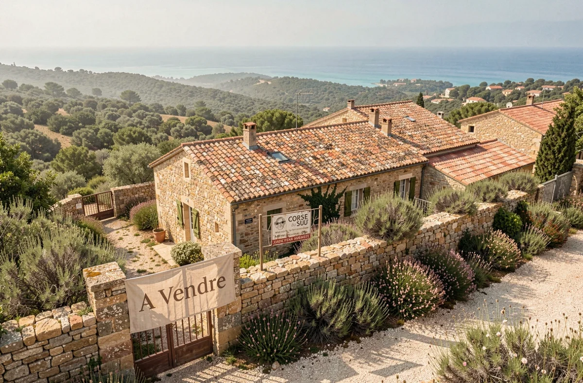 Panneau à vendre devant une maison en pierre dans un village de Corse du Sud avec vue sur la mer