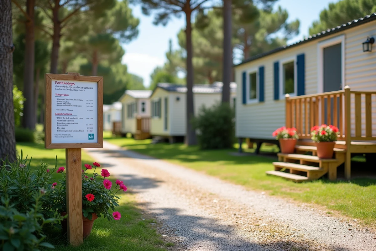Panneau de vente et entrée d'une parcelle de terrain avec mobil-home dans un camping en Vendée