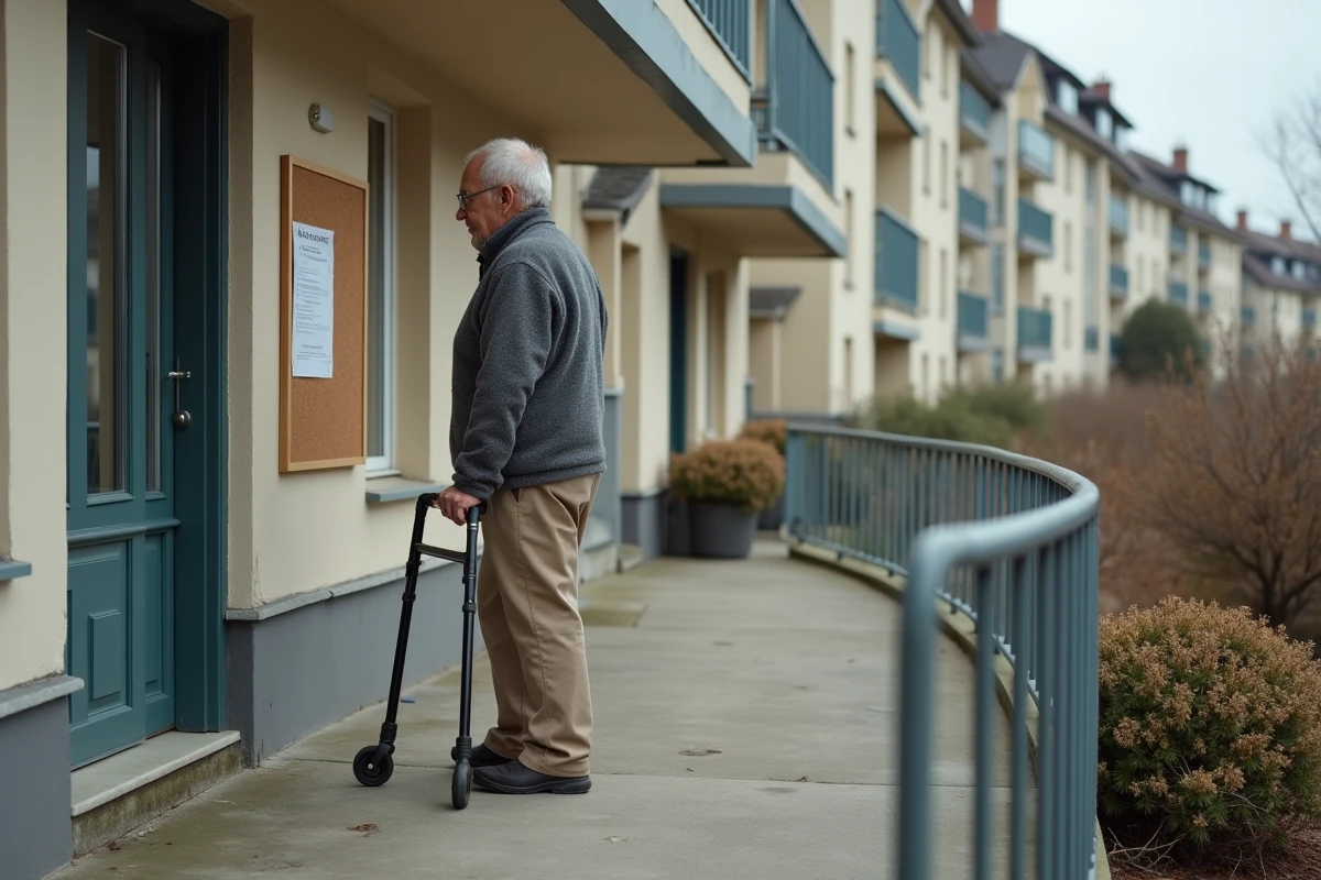 Personne âgée avec aide à la marche consultant une annonce LOC anonce sur le tableau d'affichage d'une résidence HLM accessible PMR