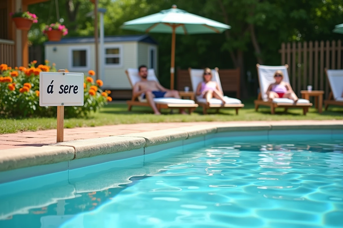 Piscine du camping familial en Vendée avec une parcelle de terrain mobil-home à vendre en arrière-plan
