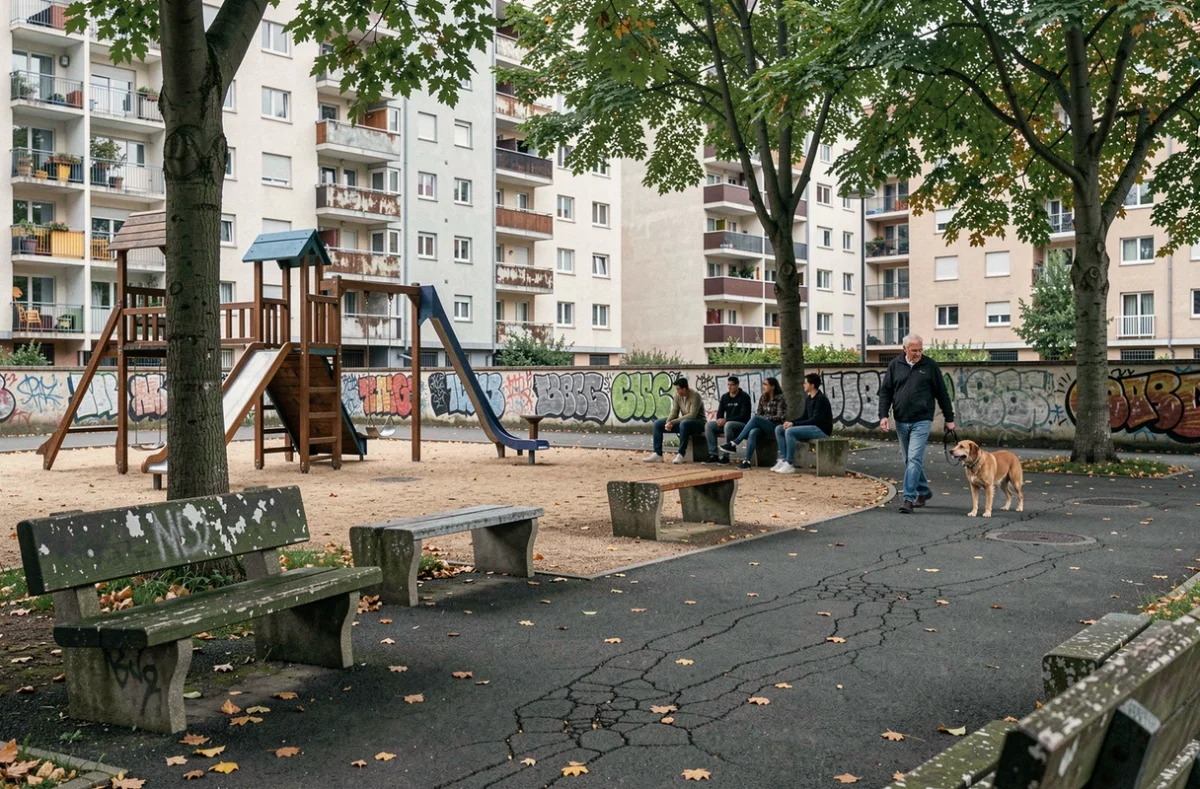 Place publique d'un quartier populaire de Nantes avec jeux rénovés et immeubles en arrière-plan