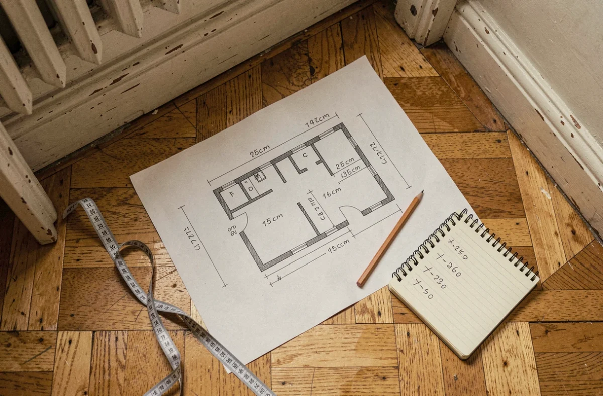 Plan de sol annoté avec mesures et mètre ruban dans une petite chambre parisienne pour calcul de surface loi Carrez