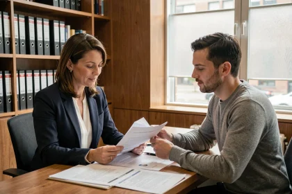 Agent immobilier et locataire examinant un préavis de congé locatif dans un bureau professionnel, illustrant l'article 15 de la loi du 6 juillet 1989