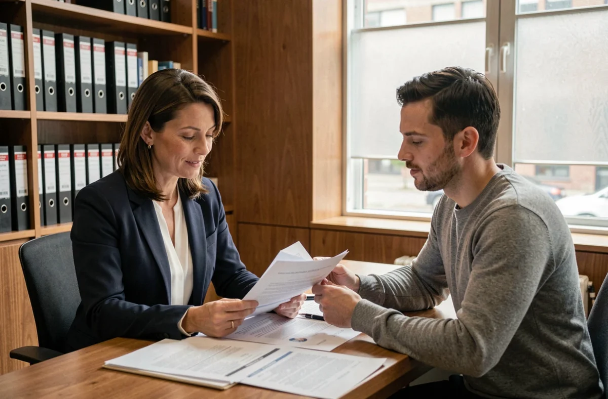Agent immobilier et locataire examinant un préavis de congé locatif dans un bureau professionnel, illustrant l'article 15 de la loi du 6 juillet 1989