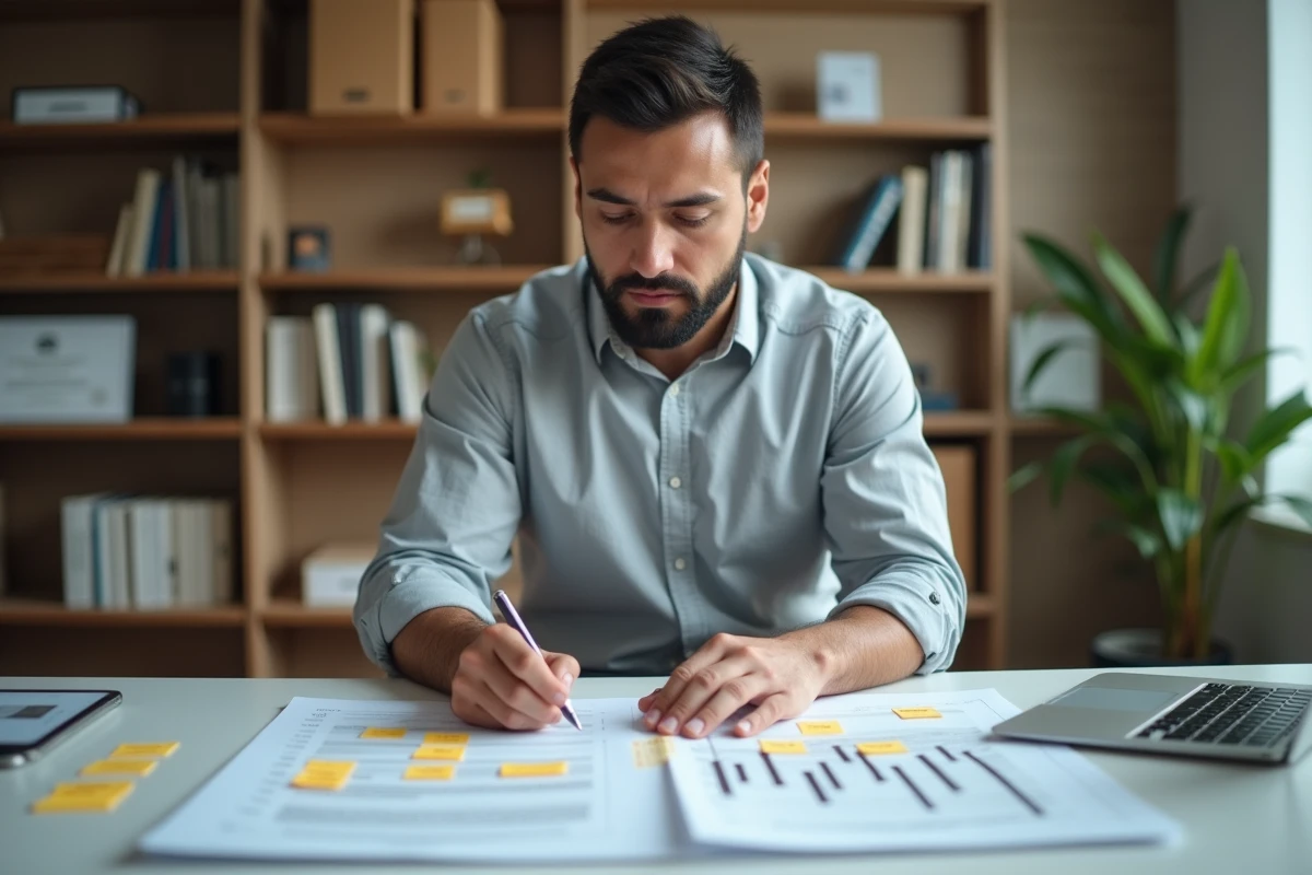 Professionnel immobilier analysant un dossier d'investissement immobilier avec soin et expertise dans un bureau personnel