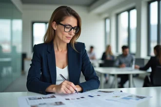 Professionnelle immobilière analysant des documents Papers immo sur son bureau dans une agence moderne