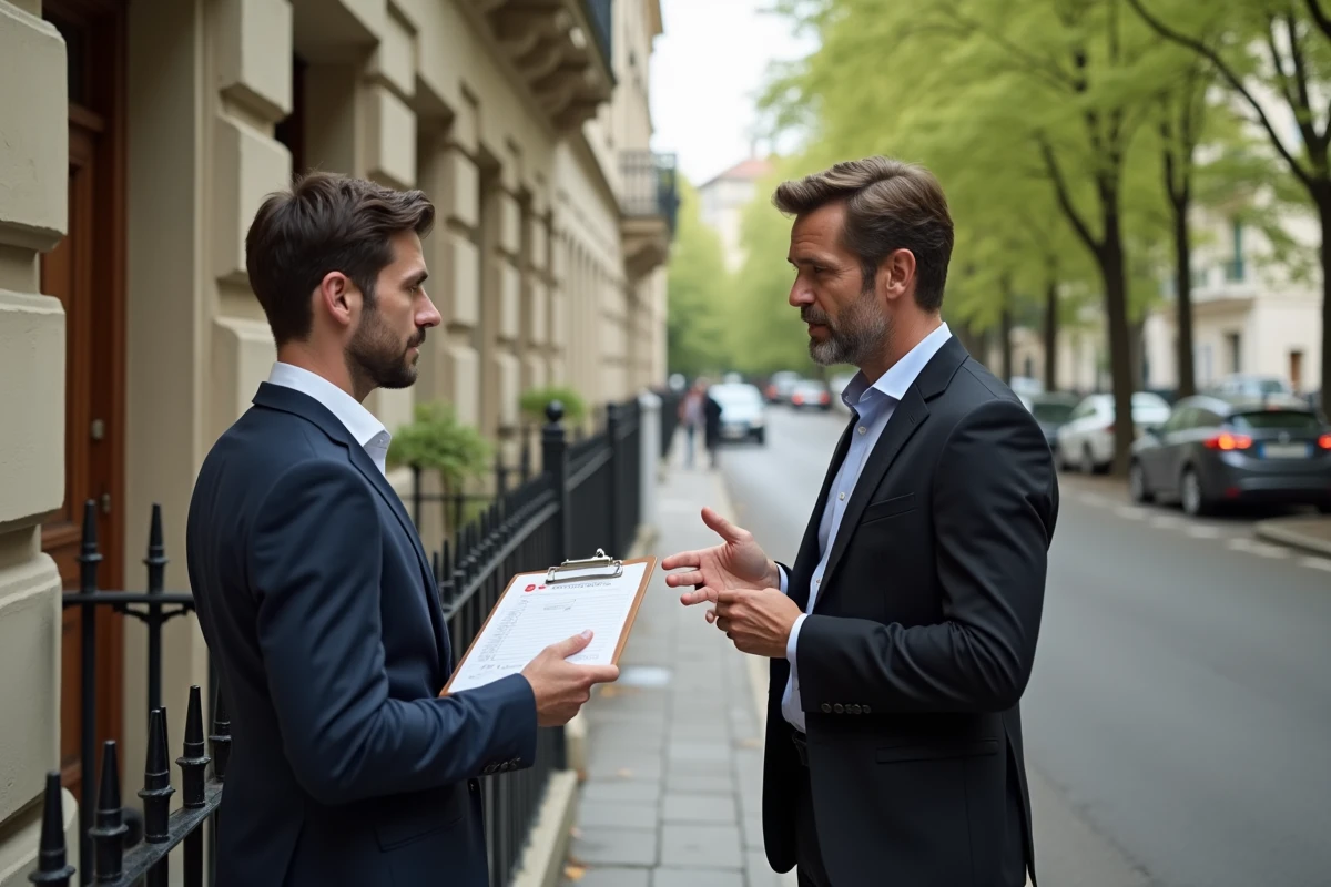 Deux professionnels de l'immobilier évaluant un bien locatif devant une façade haussmannienne à Paris
