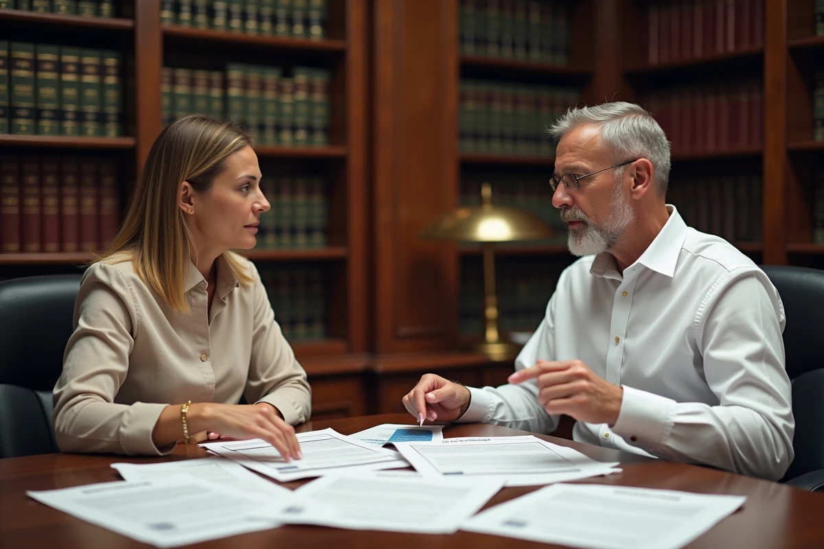Deux professionnels examinant des contrats immobiliers et documents officiels dans un bureau notarial