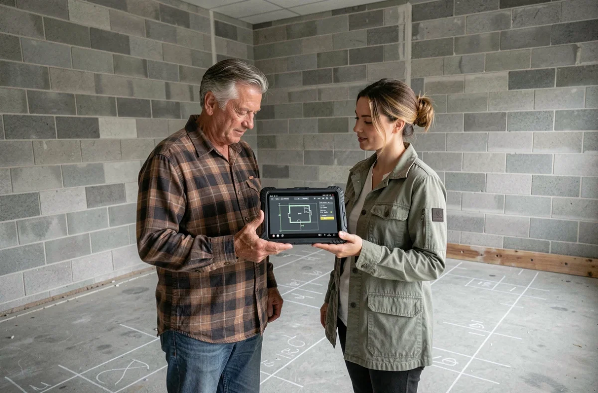 Deux professionnels du bâtiment consultant une application de calcul de surface en m2 sur tablette dans une pièce en cours de rénovation