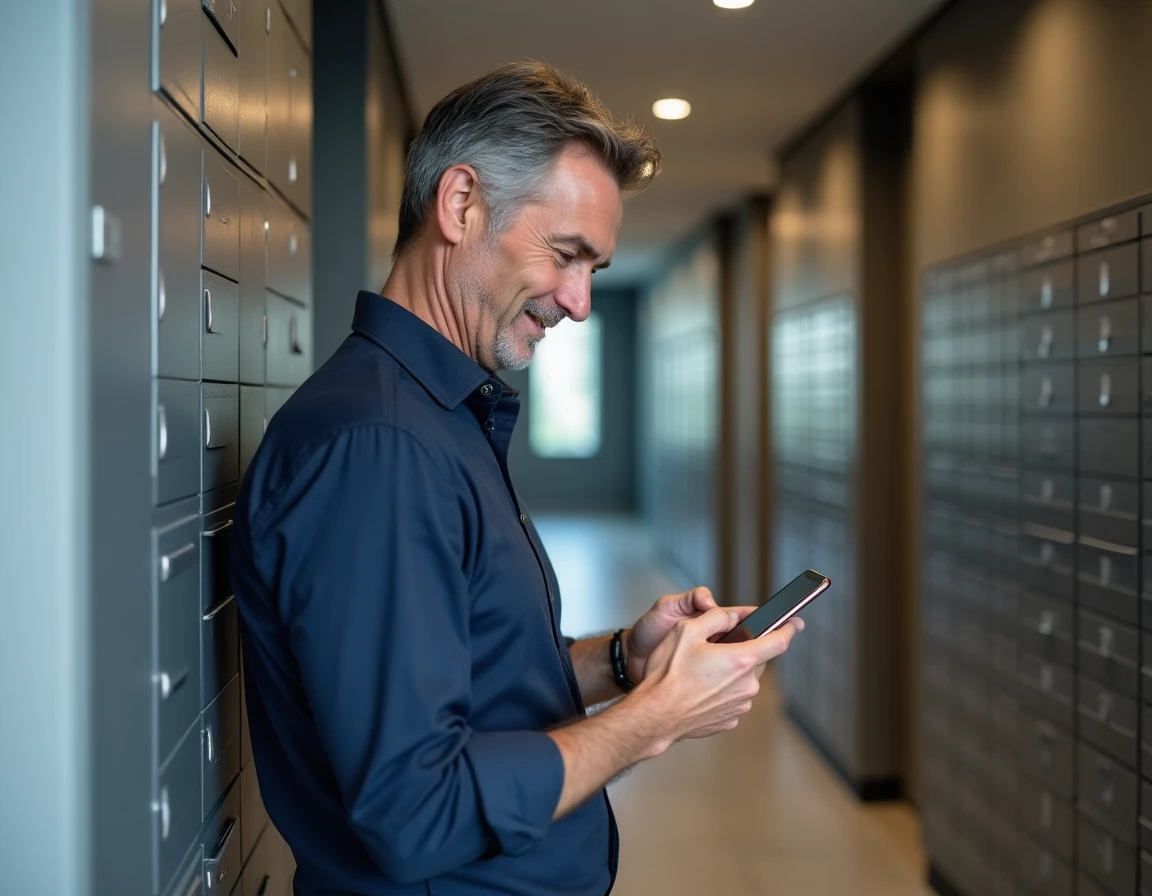 Propriétaire consultant l'application MyFoncia sur smartphone devant des boîtes aux lettres vides en copropriété