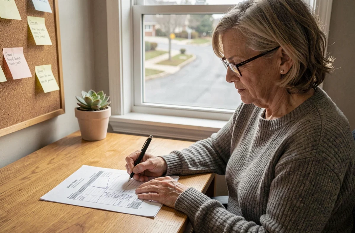 Femme propriétaire calculant seule l'impact fiscal de la revente de sa multipropriété Pierre et Vacances depuis son bureau à domicile