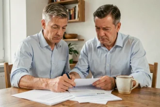 Propriétaire débutant en train d'examiner les formulaires APL bailleur à la table de sa cuisine