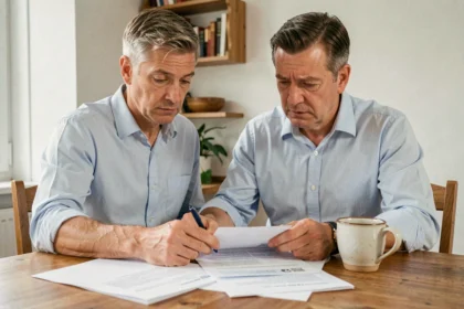 Propriétaire débutant en train d'examiner les formulaires APL bailleur à la table de sa cuisine