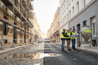 Chantier de rénovation urbaine dans un quartier marseillais en transformation avec ouvriers et façades en travaux