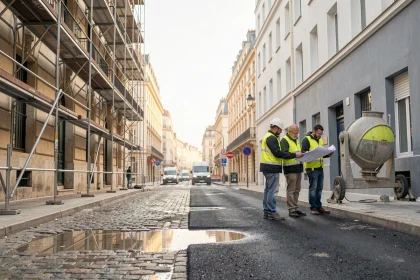 Chantier de rénovation urbaine dans un quartier marseillais en transformation avec ouvriers et façades en travaux