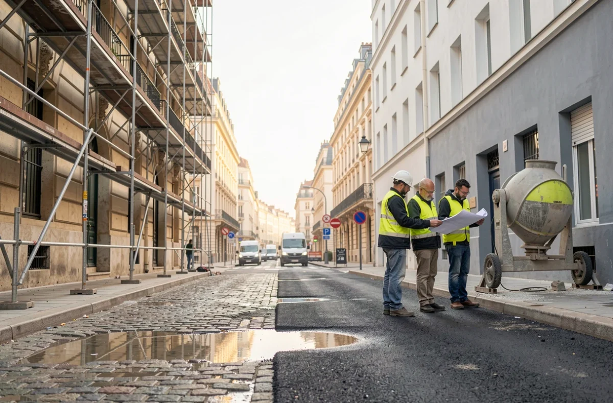 Chantier de rénovation urbaine dans un quartier marseillais en transformation avec ouvriers et façades en travaux
